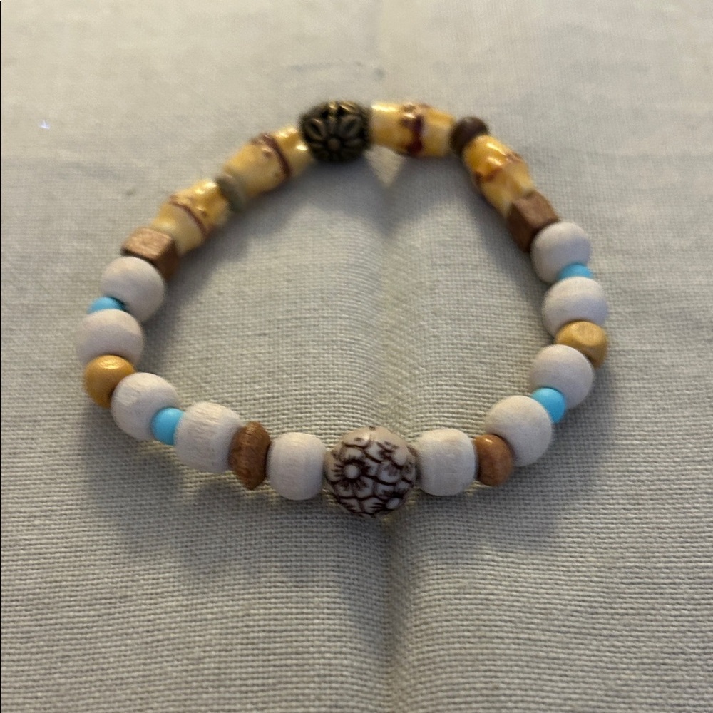 Handcrafted Beaded Stretch Bracelet - White, Blue, Brown